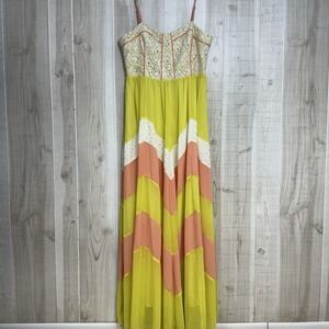 Champagne & Strawberry L  Maxi Dress Lime Pink Chevron Lace Festival Resort